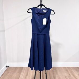 NWT Dress the Population Runway Sample Sleeveless Midi Fit-and-Flare Dress, Navy